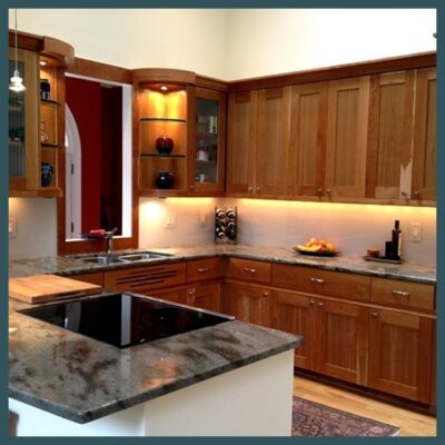 Kitchen with glass floating cabinet shelves