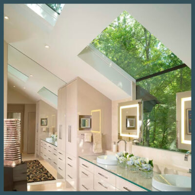 Glass windows in the walls and ceilings of a bathroom